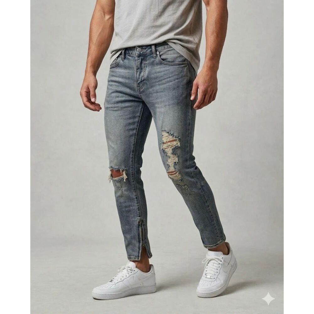MNML Jeans Mens Sz 28 Distressed Destroyed Button Fly Slim grunge streetwear New